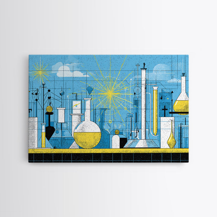 Blue Atomic Science Lab Canvas Print, Midcentury Modern Art, Yellow Sunburst Chemistry Decor, Retro Laboratory Wall Decor