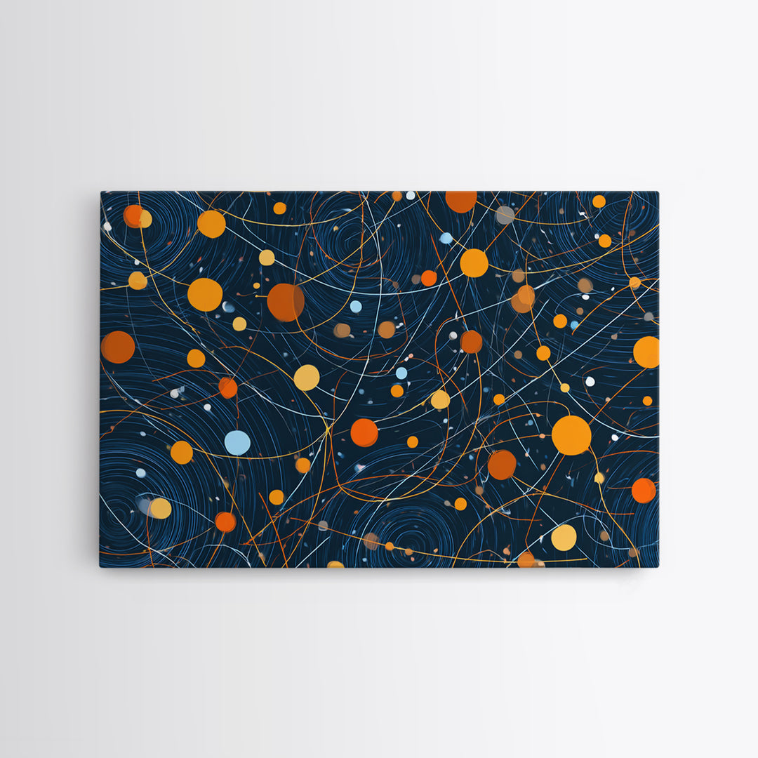 Dark Blue Orange Orbital Wall Art, Midcentury Modern Atomic Abstract Print, Cosmic Geometric Decor, MCM Retro Space Poster