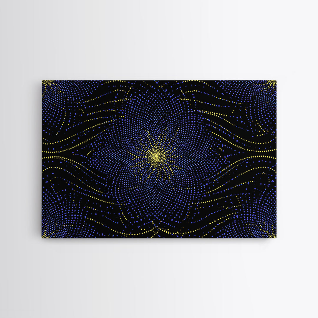 Blue Yellow Dotted Wave Canvas Print, Midcentury Modern Abstract Art, Optical Op Art Starburst, Cosmic Geometric Wall Decor