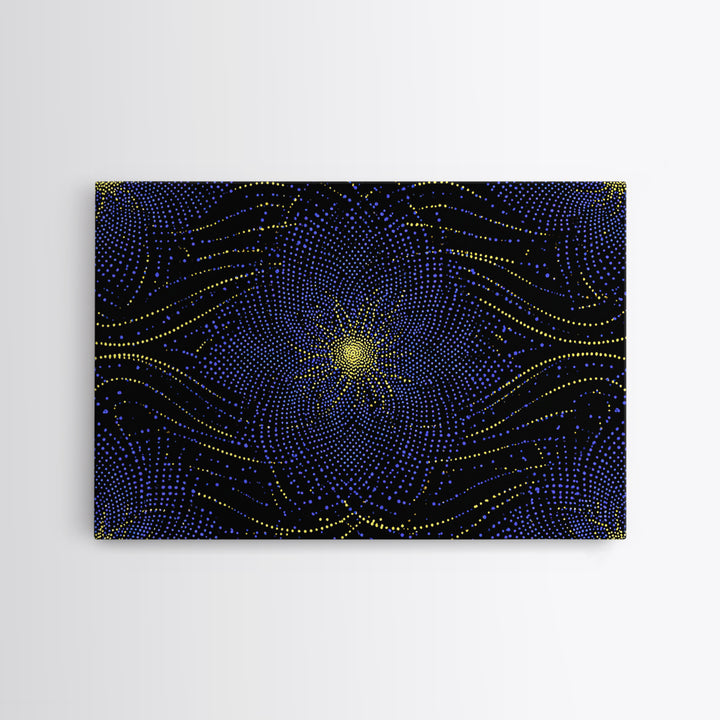 Blue Yellow Dotted Wave Canvas Print, Midcentury Modern Abstract Art, Optical Op Art Starburst, Cosmic Geometric Wall Decor