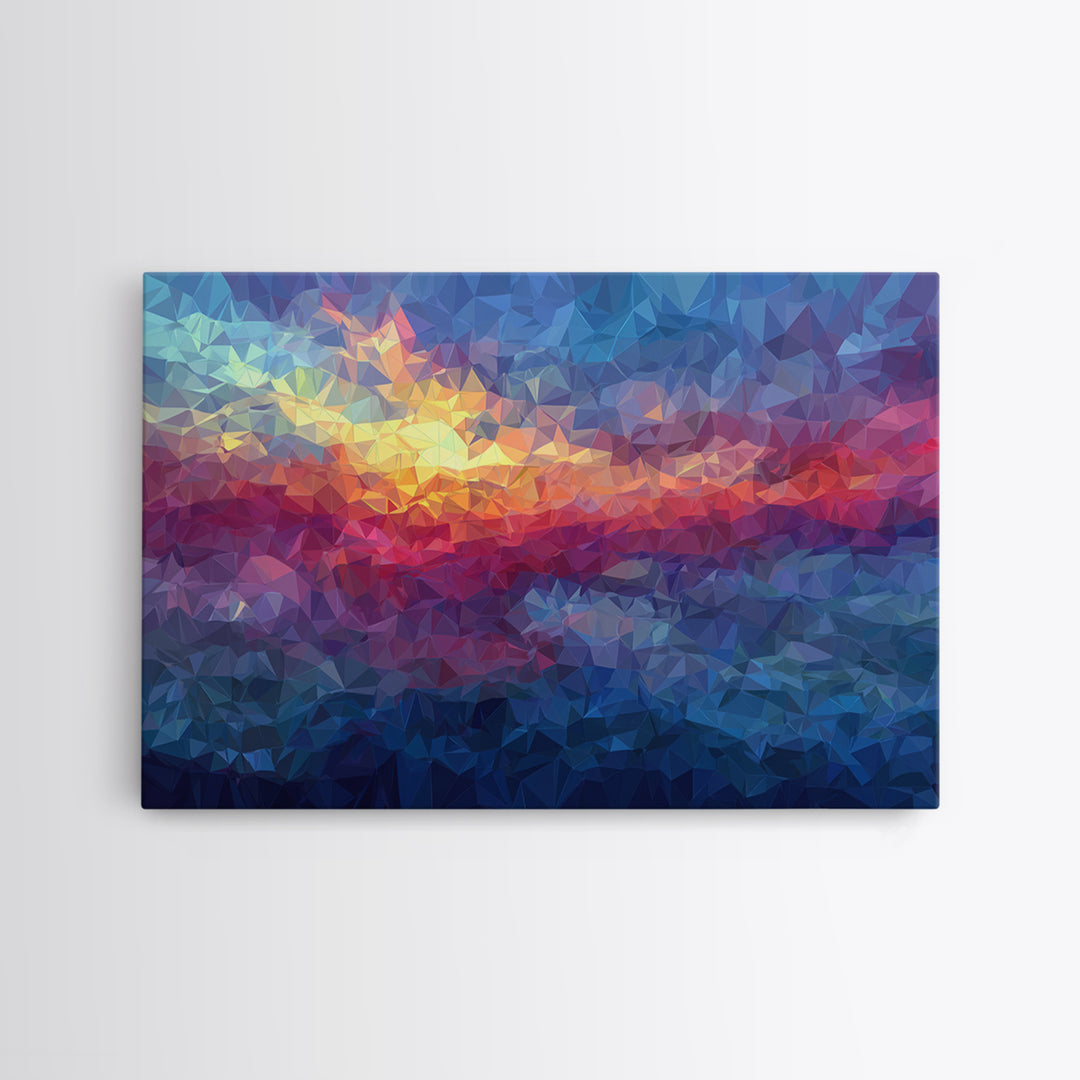 Low Poly Sunset Mountain Lake Wall Art, Colorful Geometric Art Print, Modern Home Decor, Living Room Framed Canvas Print