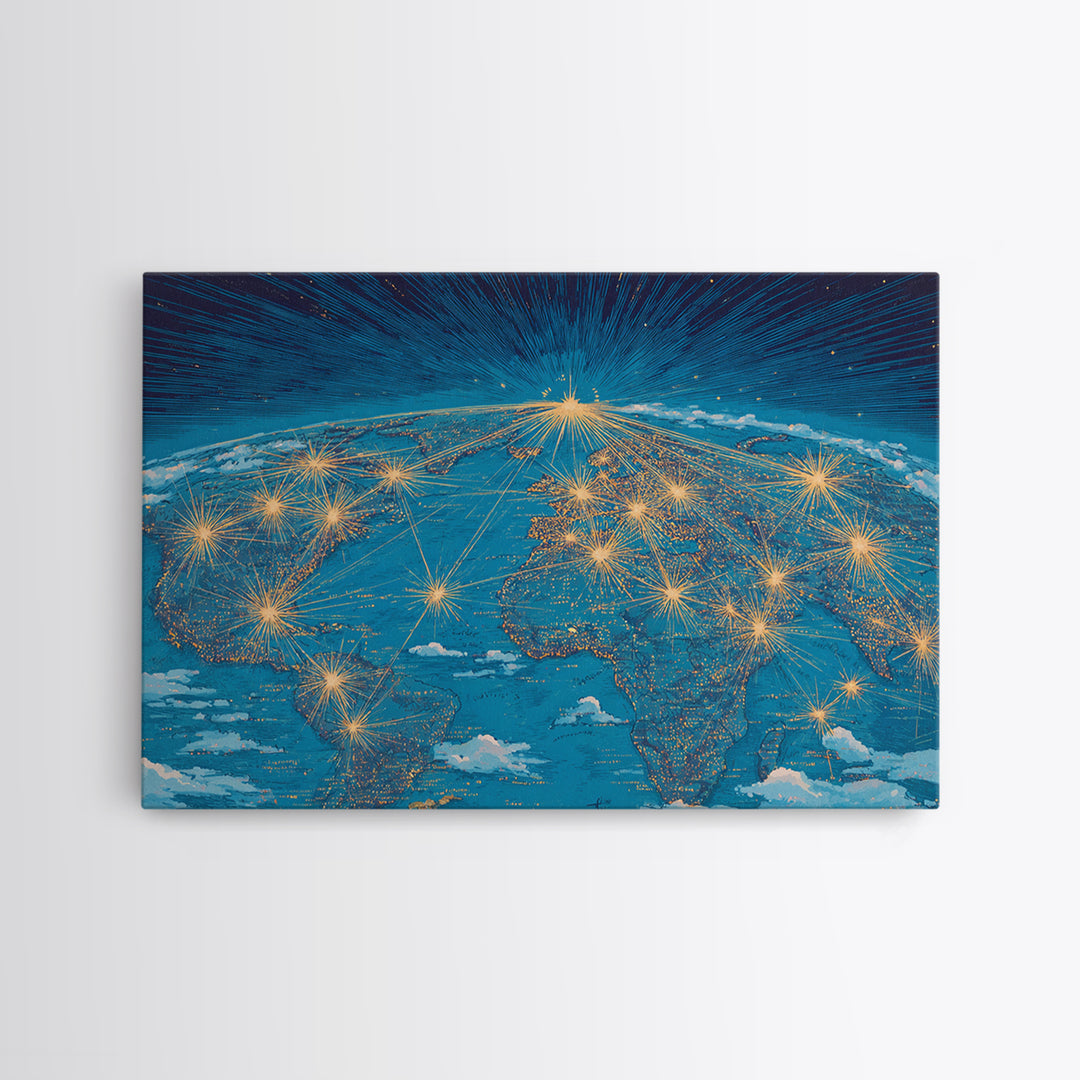 Earth From Space Network Lights Framed Canvas Print, Modern Wall Art, Midcentury Futuristic Travel Poster For Office Decor