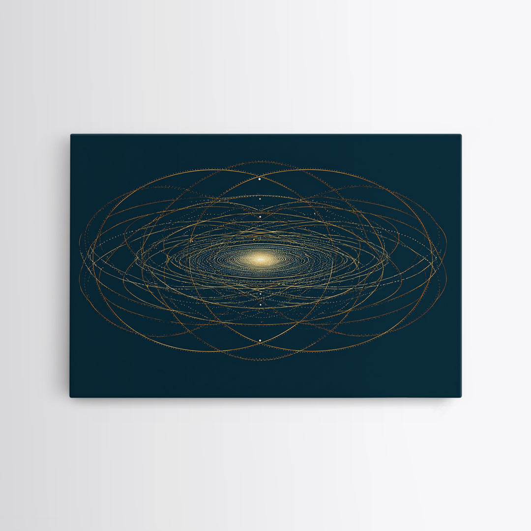 Golden Orbital Galaxy Mandala Framed Canvas Print, Midcentury Modern Abstract Art, Dark Teal Cosmic Geometric Wall Decor