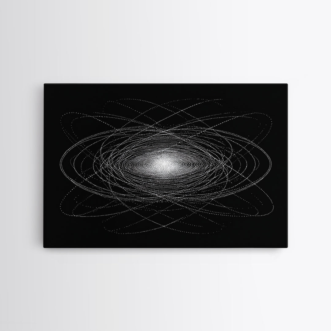 White Dotted Orbital Galaxy Wall Art, Cosmic Abstract Art Print, Modern Space Poster, Sci Fi Wall Decor, Black Minimalist Decor
