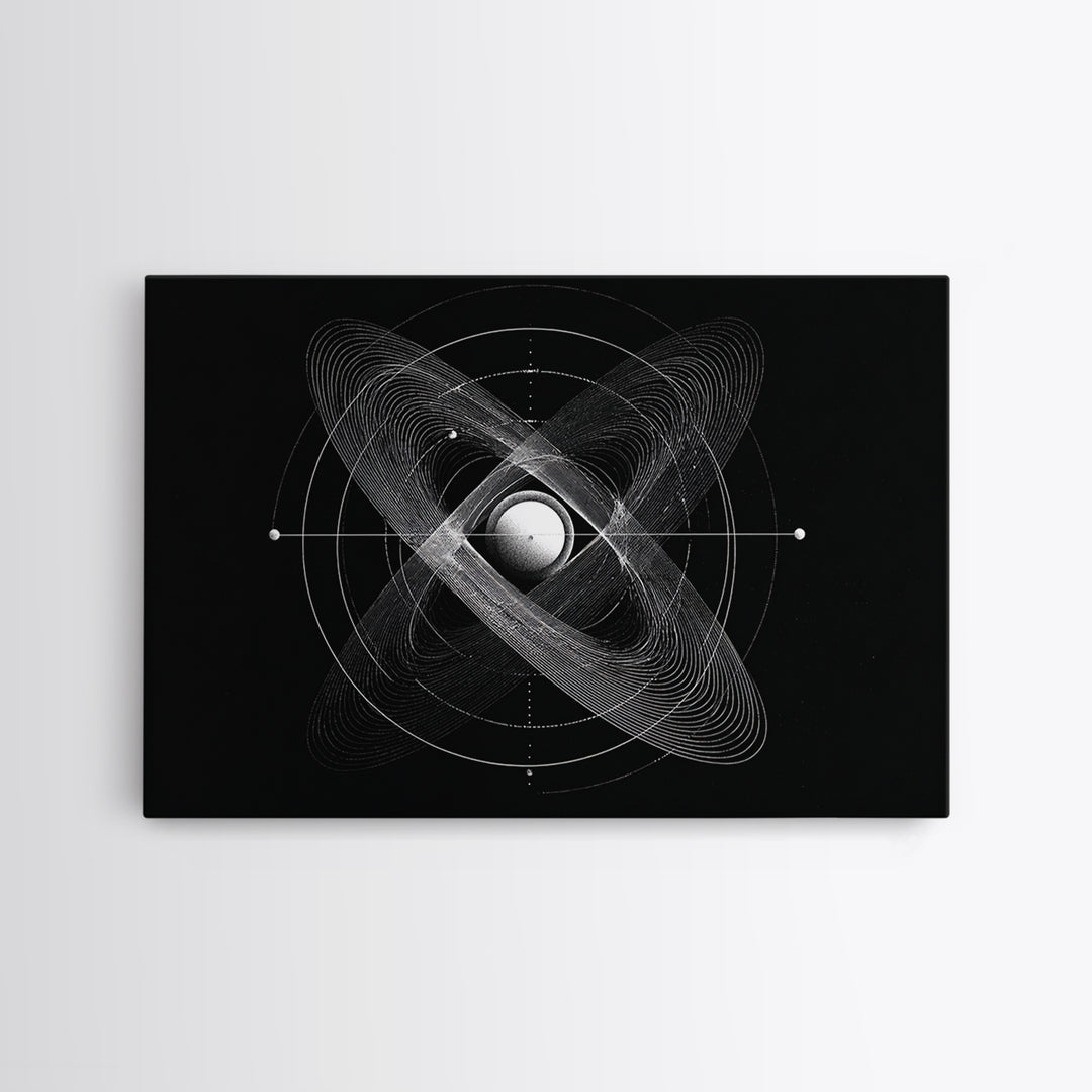 Atomic Sphere Orbit Canvas Print, Black And White Space Art, Geometric Wall Art, Modern Abstract Poster, Science Office Decor