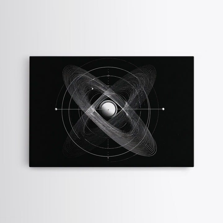 Atomic Sphere Orbit Canvas Print, Black And White Space Art, Geometric Wall Art, Modern Abstract Poster, Science Office Decor