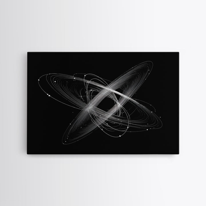 Tilted White Orbital Atom Wall Art, Minimalist Space Abstract Art Print, Modern Geometric Poster, Black Sci Fi Office Decor