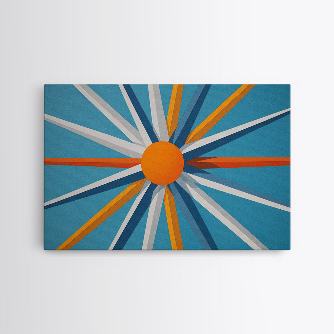 Orange Sunburst Geometric Wall Art, Midcentury Modern Art Print, Blue Teal Atomic Poster, Retro Modern Living Room Decor