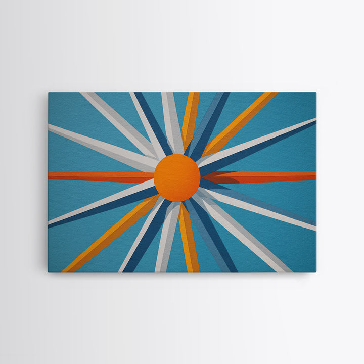 Orange Sunburst Geometric Wall Art, Midcentury Modern Art Print, Blue Teal Atomic Poster, Retro Modern Living Room Decor