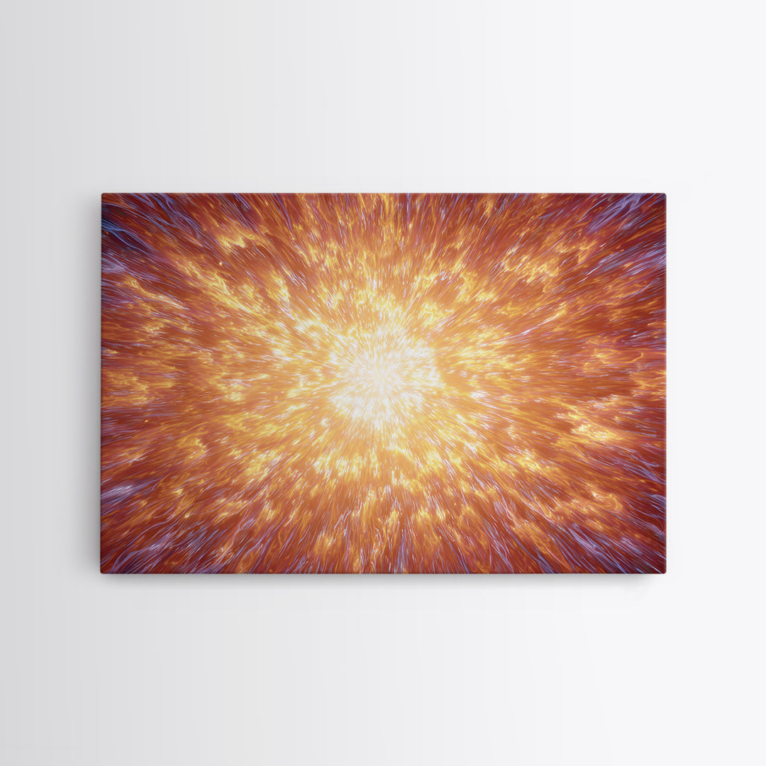 Fiery Cosmic Explosion Canvas Print, Bright Abstract Art, Orange Starburst Wall Art, Modern Space Poster, Statement Home Decor