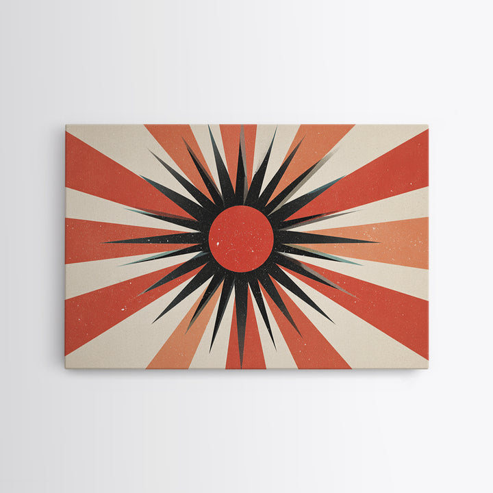 Red Black Retro Sunburst Wall Art, Midcentury Atomic Art Print, Orange Cream Geometric Poster, 60s Modern Living Room Wall Decor