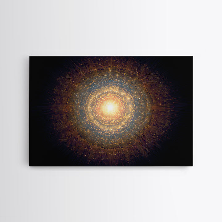 Golden Cosmic Mandala Framed Canvas Print, Abstract Spiritual Art, Modern Wall Art, Radiant Space Poster, Meditation Decor