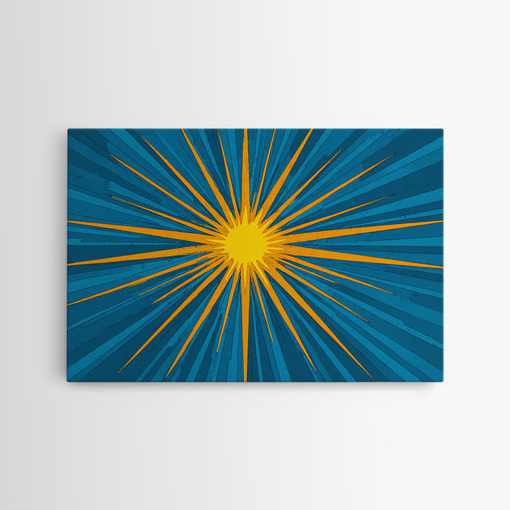Blue Yellow Pop Art Sunburst Wall Art, Midcentury Modern Decor, Retro Geometric Print, Atomic MCM Living Room Decor Gift