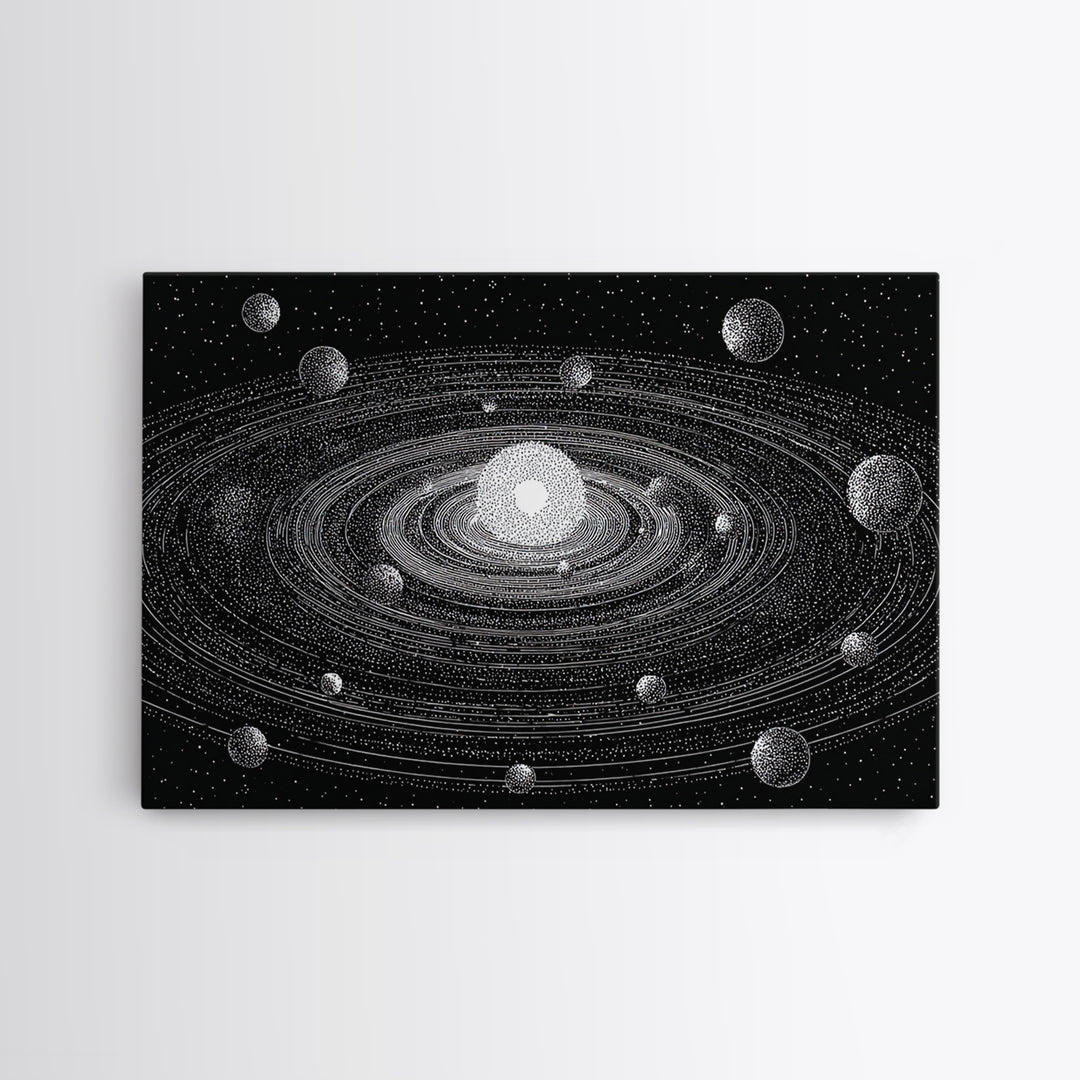 Black White Solar System Framed Canvas Print, Retro Sci Fi Wall Art, Midcentury Space Poster, Astronomy Office Decor Gift