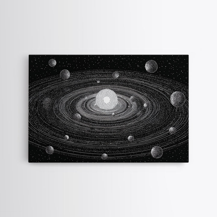 Black White Solar System Framed Canvas Print, Retro Sci Fi Wall Art, Midcentury Space Poster, Astronomy Office Decor Gift