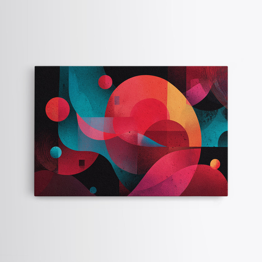 Red Teal Abstract Circles Wall Art, Midcentury Modern Abstract Art, Geometric Canvas Print, Bold MCM Living Room Decor Gift