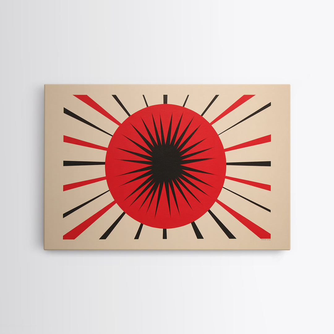 Red Black Atomic Sun Wall Art, Midcentury Modern Decor, Retro Geometric Print, Starburst MCM Office Decor Canvas Print Gift