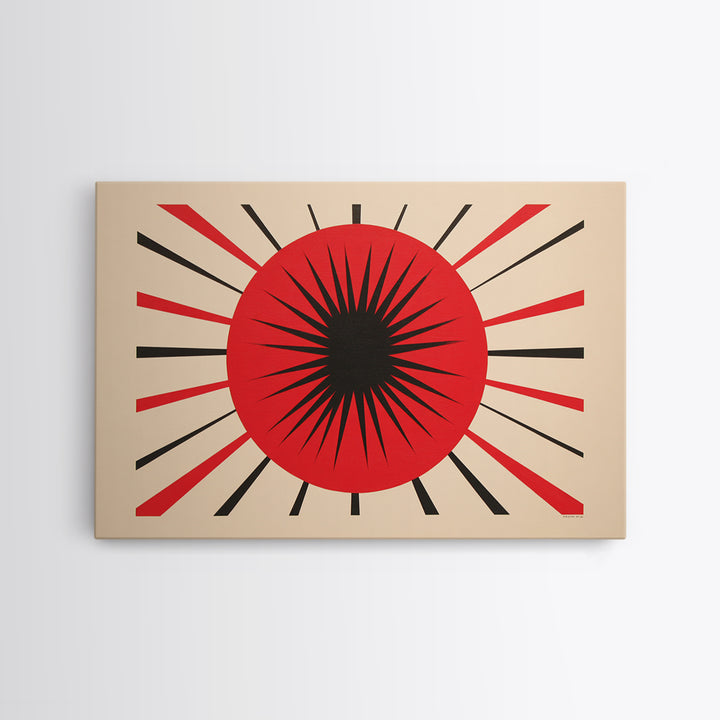 Red Black Atomic Sun Wall Art, Midcentury Modern Decor, Retro Geometric Print, Starburst MCM Office Decor Canvas Print Gift