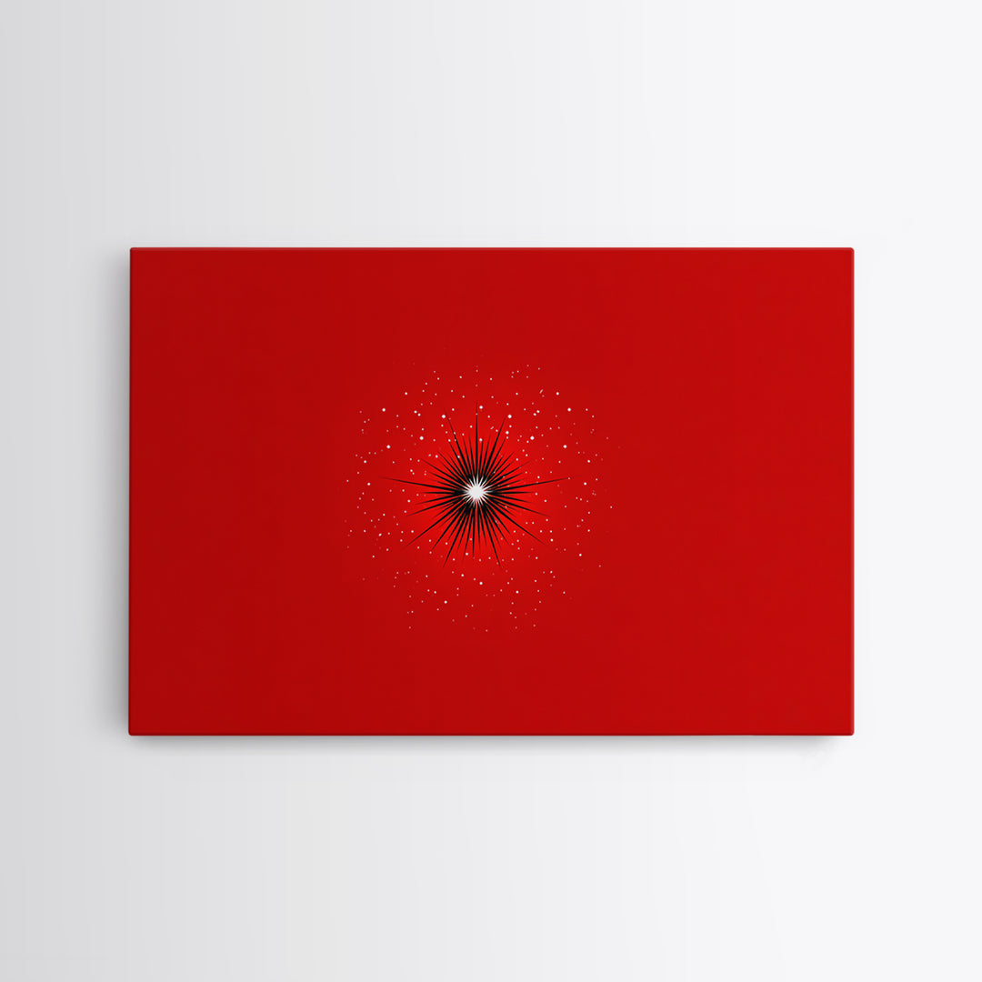Minimal Red Starburst Wall Art, Modern Abstract Art Print, Retro Space Poster, Black White Spark Decor, Bold MCM Home Decor Gift