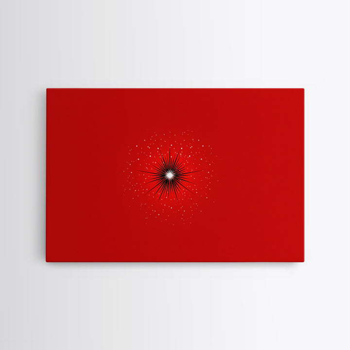 Minimal Red Starburst Wall Art, Modern Abstract Art Print, Retro Space Poster, Black White Spark Decor, Bold MCM Home Decor Gift