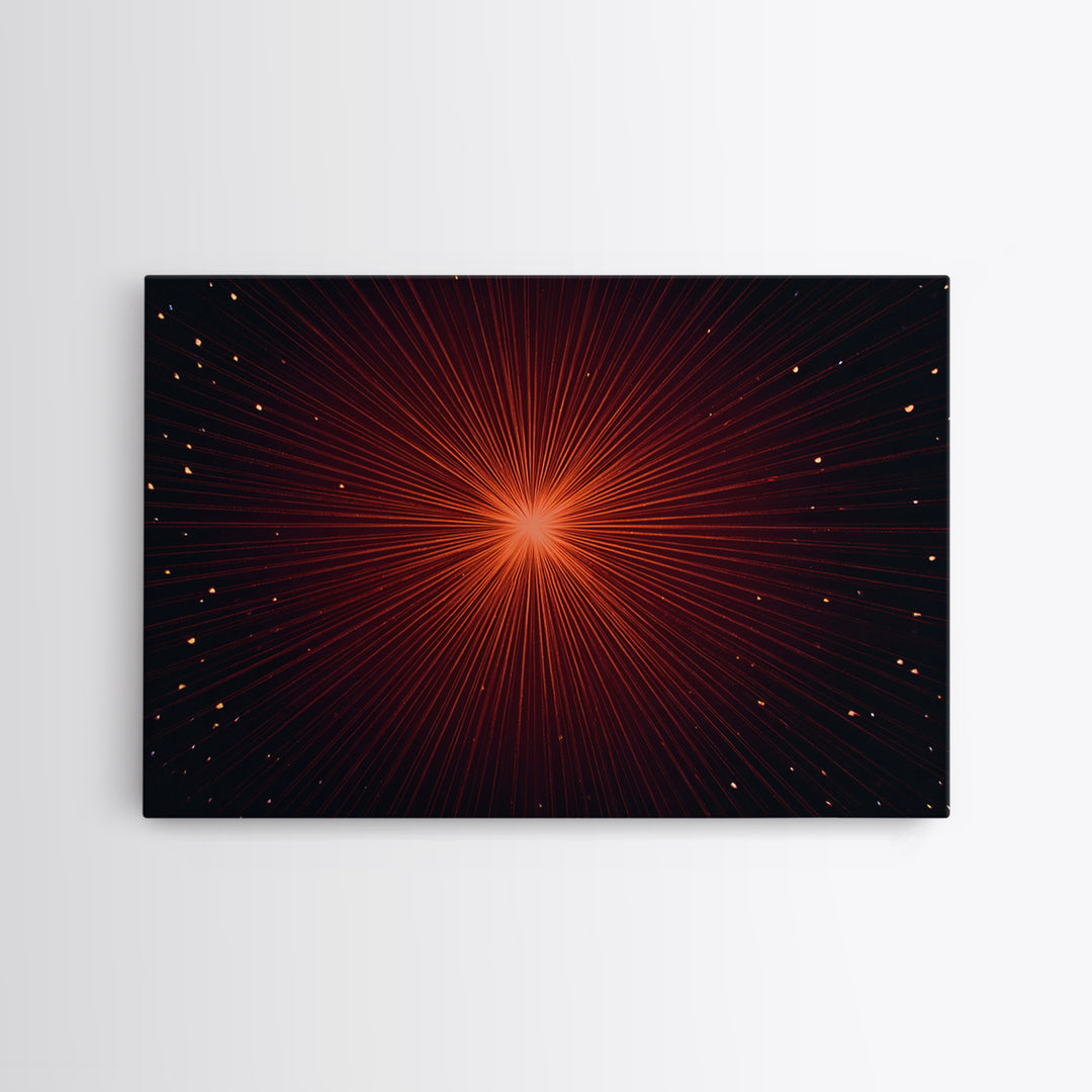 Radiant Red Starburst Light Rays In Black Space Canvas Print, Retro Futuristic Wall Decor, Modern Abstract Art For Living Room