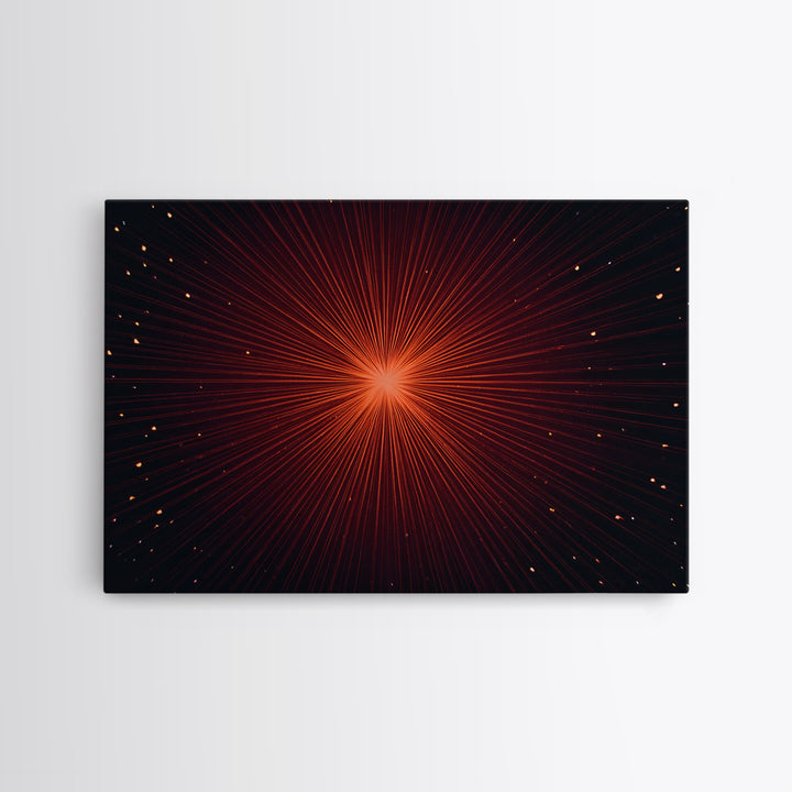 Radiant Red Starburst Light Rays In Black Space Canvas Print, Retro Futuristic Wall Decor, Modern Abstract Art For Living Room