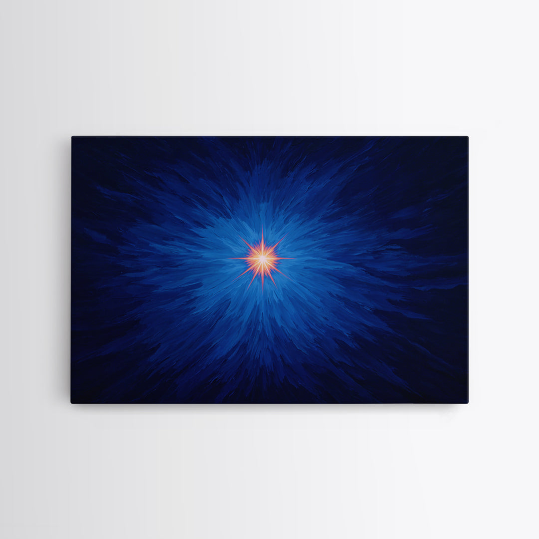 Electric Blue Cosmic Burst With Orange Star Center Canvas Print, Modern Abstract Art, Space Wall Decor For Bedroom And Office
