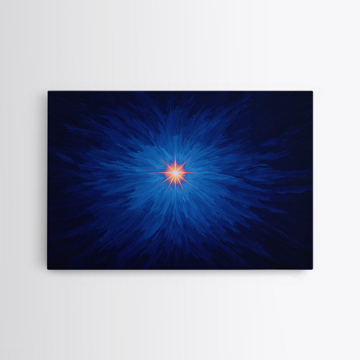 Electric Blue Cosmic Burst With Orange Star Center Canvas Print, Modern Abstract Art, Space Wall Decor For Bedroom And Office