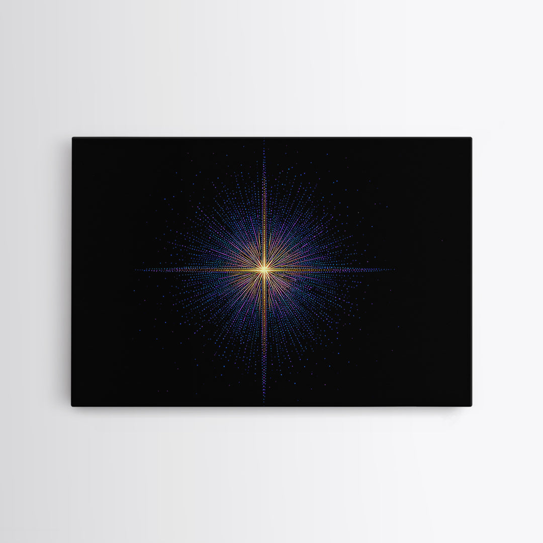 Neon Dotted Starburst On Black Space Wall Art, Retro Futuristic Digital Art Print, Modern Geometric Decor For Office And Studio