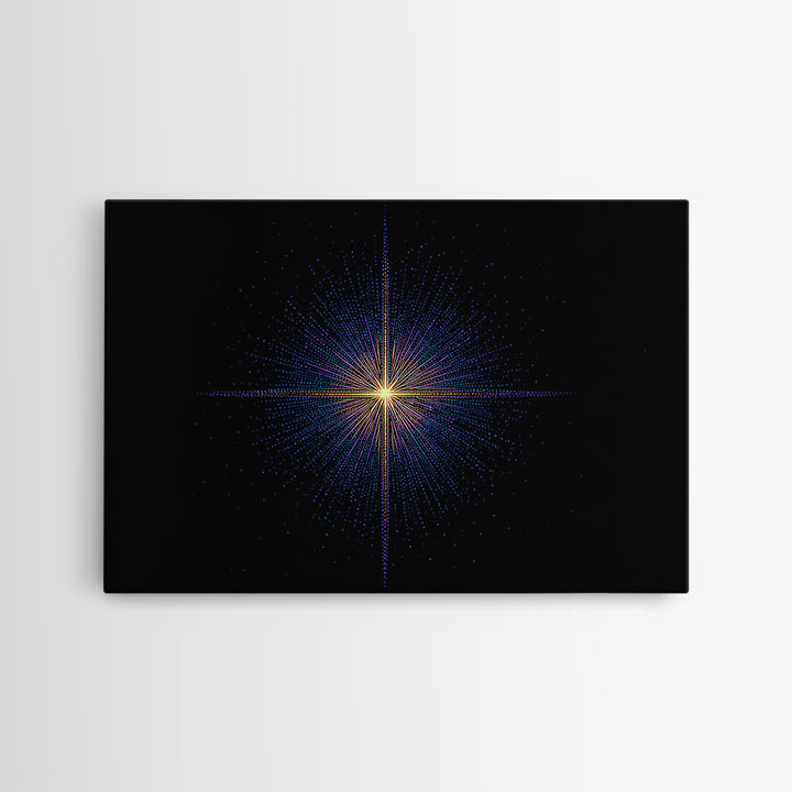 Neon Dotted Starburst On Black Space Wall Art, Retro Futuristic Digital Art Print, Modern Geometric Decor For Office And Studio