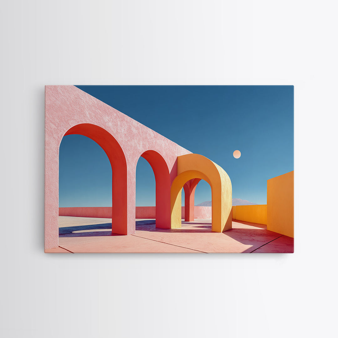 Pink Desert Arches With Orange Moon Framed Canvas Print, Midcentury Modern Wall Art, Architectural Decor For Living Room