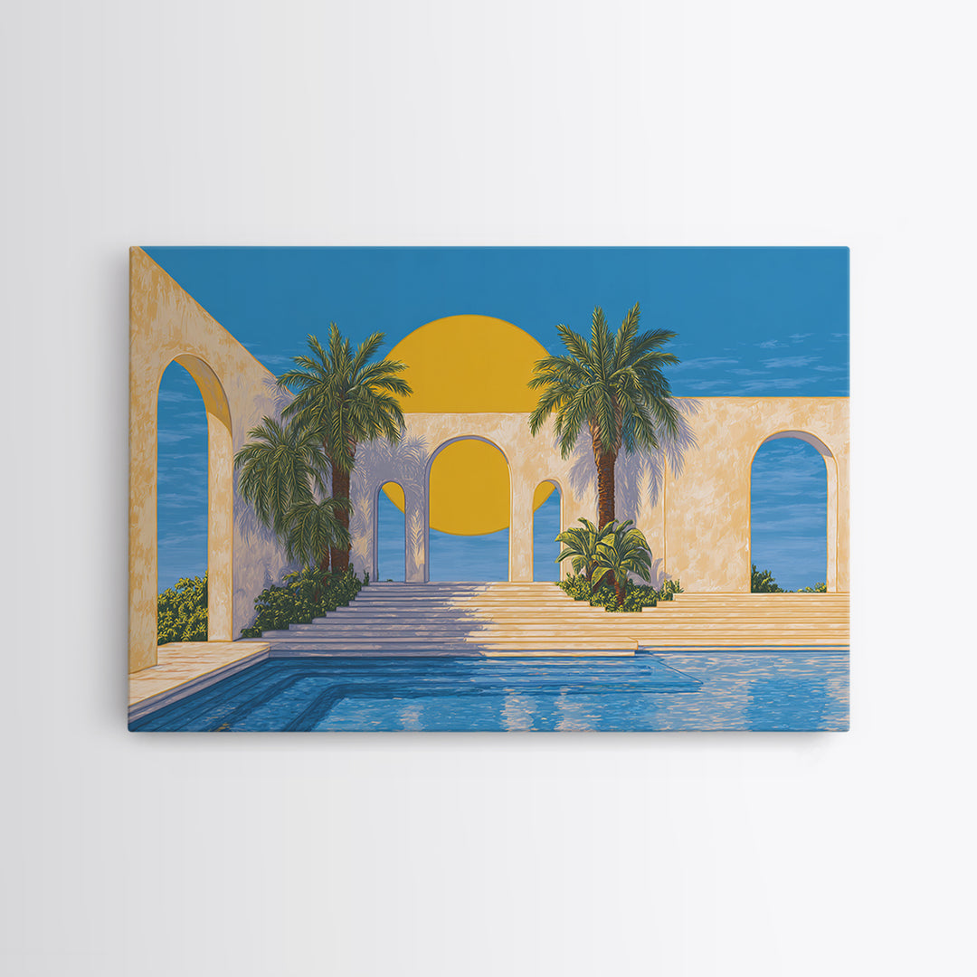 Tropical Palm Pool With Sunlit Arches Canvas Print, Palm Springs Wall Art, Midcentury Modern Decor For Beach House Patio
