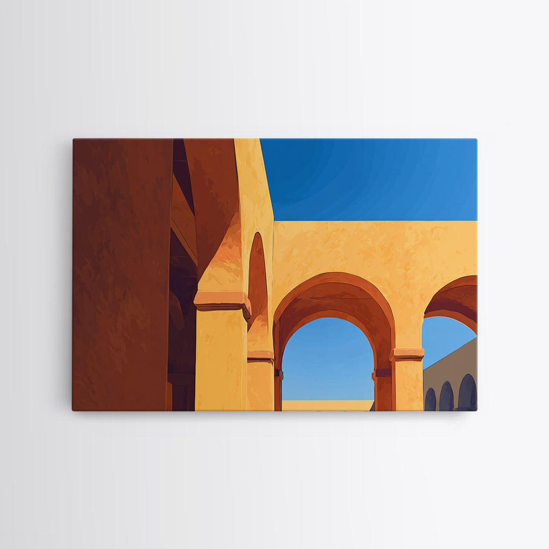 Golden Arches And Blue Sky Shadows Wall Art, Mediterranean Architectural Print, Modern Home Decor For Entryway And Office
