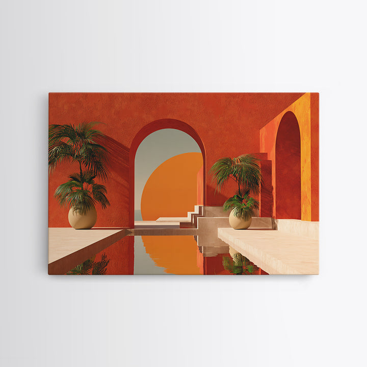 Terracotta Courtyard With Palms And Reflecting Pool Canvas Print, Modern Wall Art, Southwestern Decor For Living Room And Entry