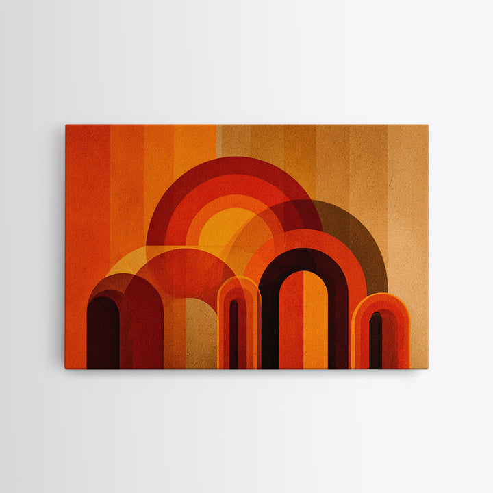 Retro Orange Abstract Arches And Circles Wall Art, Midcentury Modern Geometric Print, Bold 70s Decor For Living Room And Office