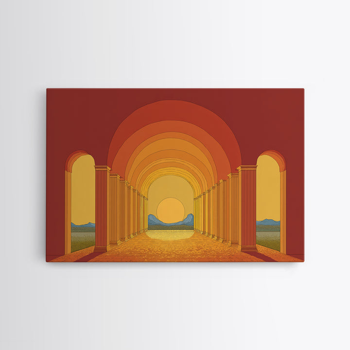 Sunset Arcade Colonnade In Orange Desert Wall Art, Midcentury Modern Architectural Print, Retro Home Decor For Hallway And Entryway
