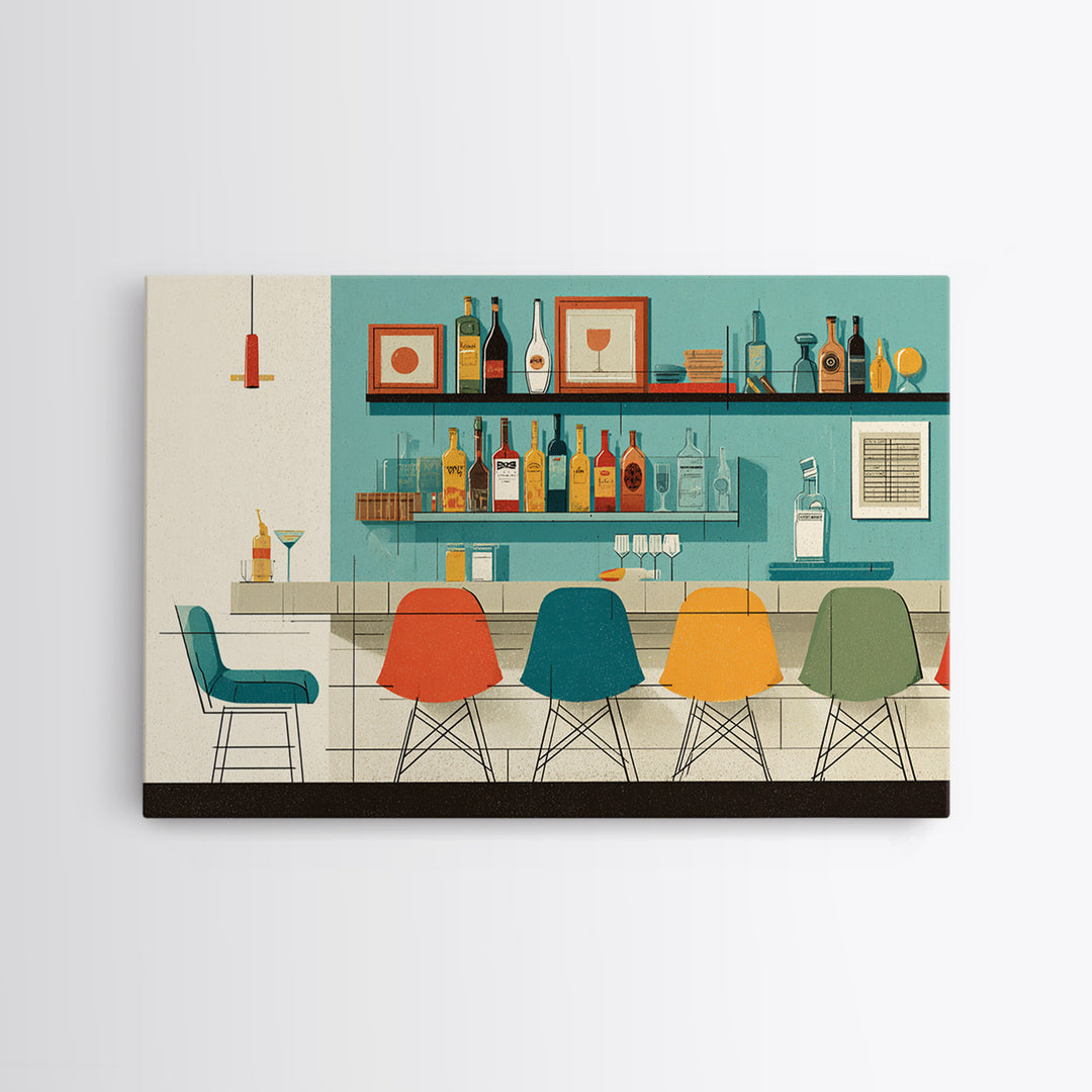 Minimal Cocktail Lounge With Color Chairs Wall Art, Midcentury Modern Art Print, Retro Bar Poster, MCM Kitchen Decor, Cafe Wall Art