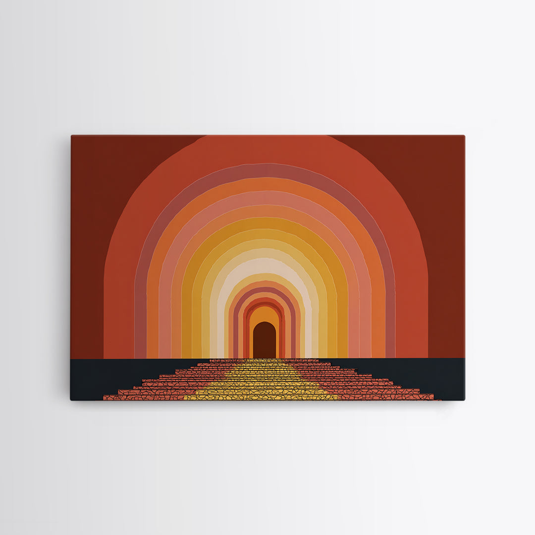 Rainbow Tunnel Arches With Stairway To Light Framed Canvas Print, Retro Wall Art, 70s Geometric Decor For Living Room And Office