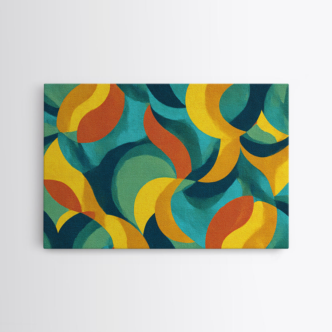 Teal Yellow Rust Crescent Shapes Framed Canvas Print, Midcentury Modern Art, Retro Geometric Wall Decor, Colorful Home Poster