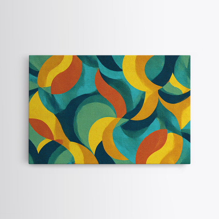 Teal Yellow Rust Crescent Shapes Framed Canvas Print, Midcentury Modern Art, Retro Geometric Wall Decor, Colorful Home Poster