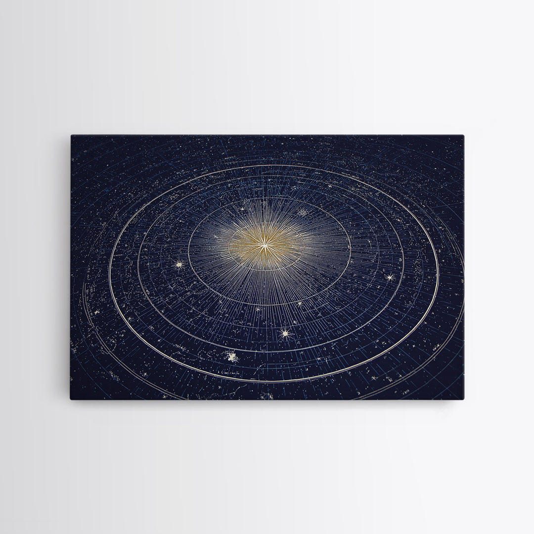 Navy Gold Celestial Compass Framed Canvas Print, Star Map Wall Art, Modern Cosmic Decor, Astronomy Home Office Poster Gift