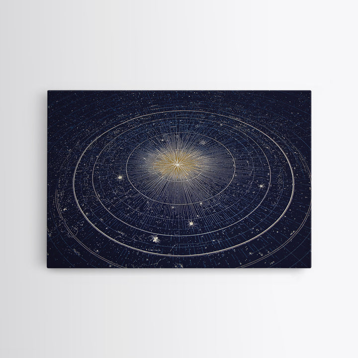 Navy Gold Celestial Compass Framed Canvas Print, Star Map Wall Art, Modern Cosmic Decor, Astronomy Home Office Poster Gift