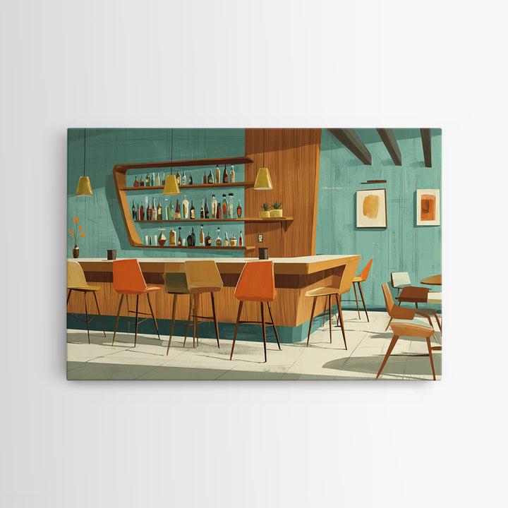 Wood And Teal Modernist Lounge Bar Wall Art, Midcentury Modern Canvas Print, Retro Cocktail Poster, Scandinavian Decor, MCM Decor