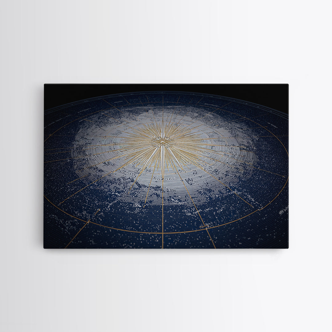 Blue Gold Radiant Star Map Canvas Print, Celestial Compass Wall Art, Modern Cosmic Decor, Astronomy Living Room Poster Gift