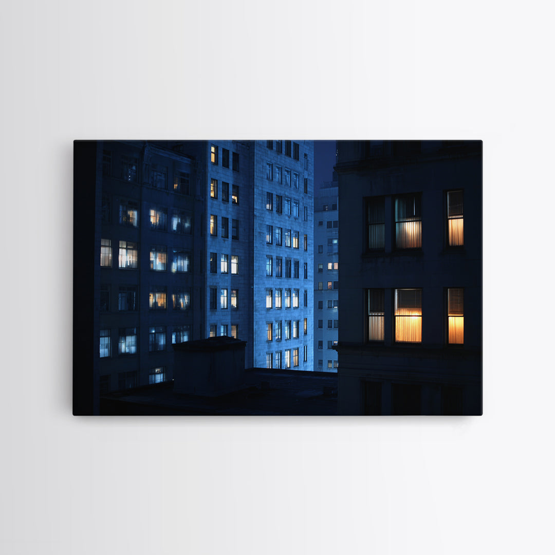 Blue City Apartment Windows Wall Art, Urban Night Photography Print, Modern Wall Decor, Bedroom Art, Home Office Decor, Blue Art