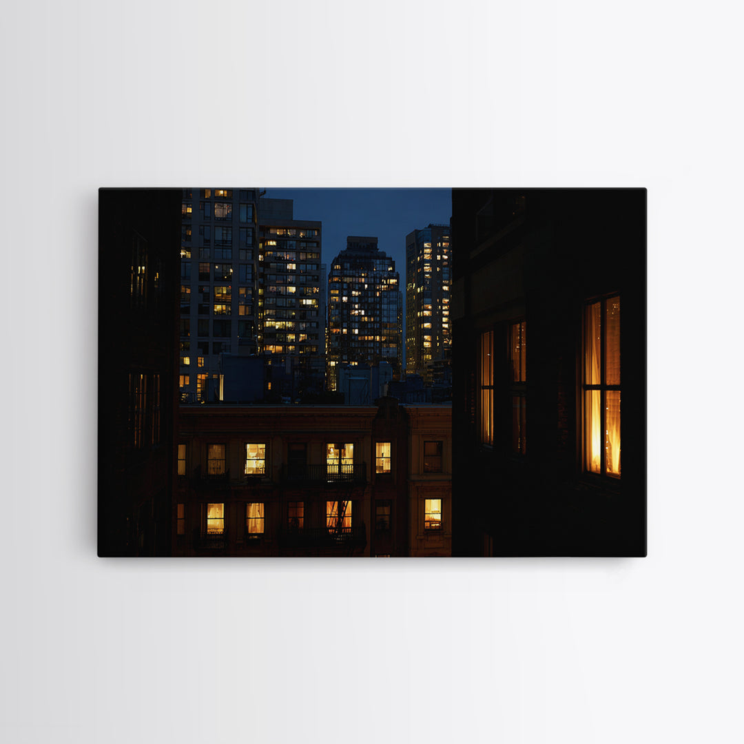 Warm Lit City Windows Wall Art, Urban Night Photography Print, Modern Home Decor, Apartment Decor, Living Room Art, Blue Art