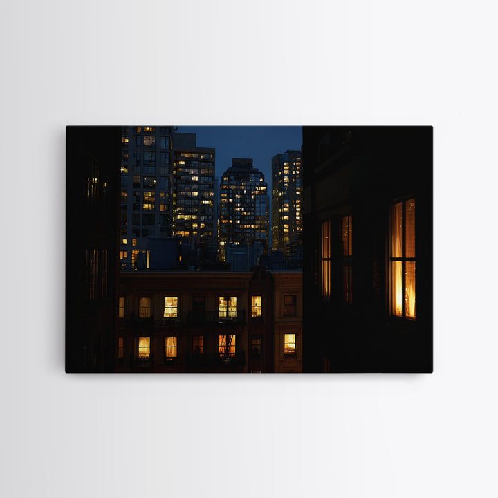 Warm Lit City Windows Wall Art, Urban Night Photography Print, Modern Home Decor, Apartment Decor, Living Room Art, Blue Art