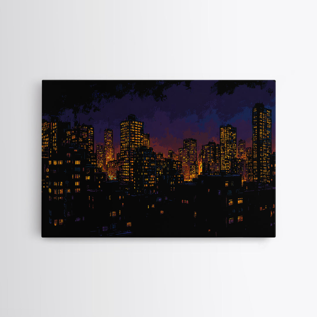 Purple City Skyline At Dusk Canvas Print, Urban Night Poster, Modern Wall Art, Retro Decor, Living Room Decor, Blue Art, Wall Decor