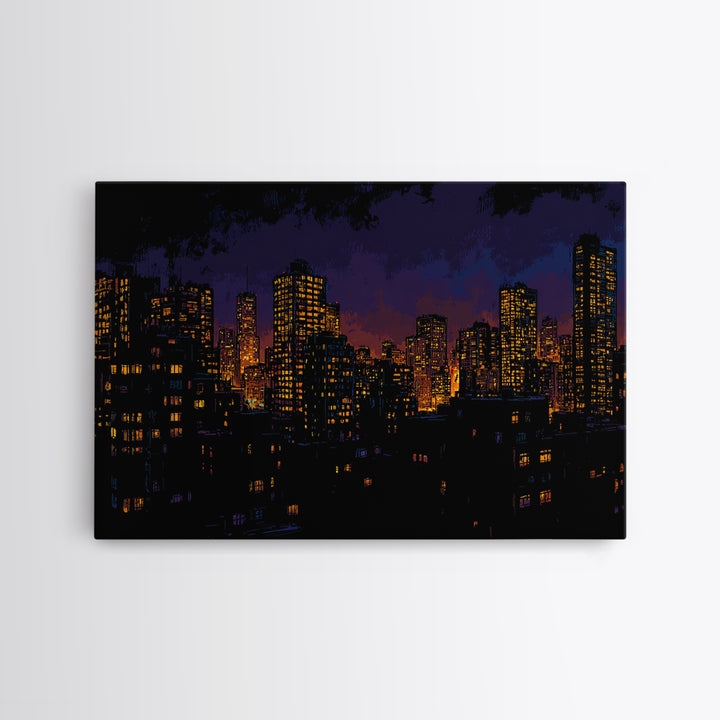 Purple City Skyline At Dusk Canvas Print, Urban Night Poster, Modern Wall Art, Retro Decor, Living Room Decor, Blue Art, Wall Decor