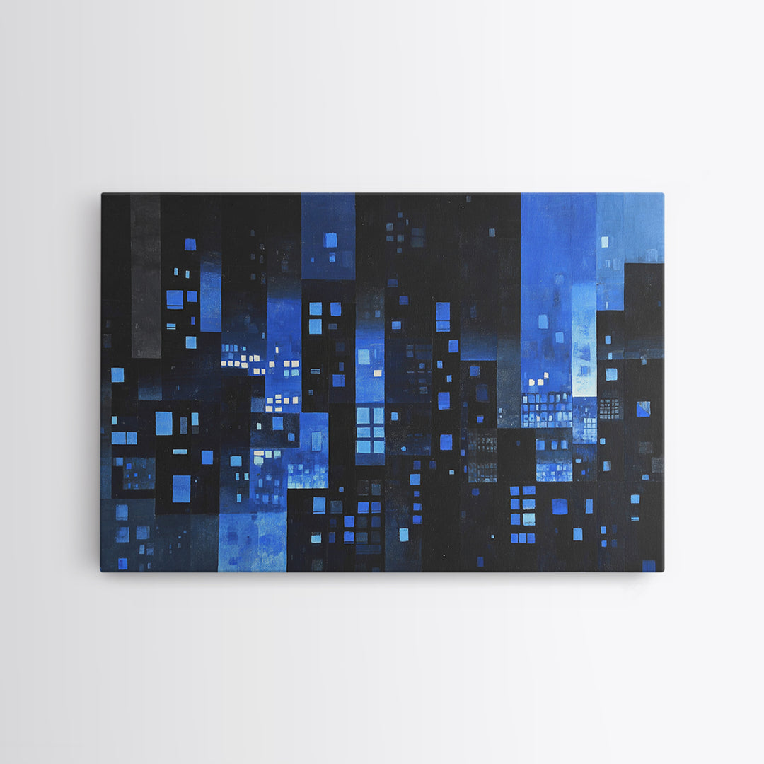 Moody Blue Abstract City Wall Art, Geometric Skyline Canvas Print, Modern Wall Decor, Office Decor, Living Room Art, Blue Art